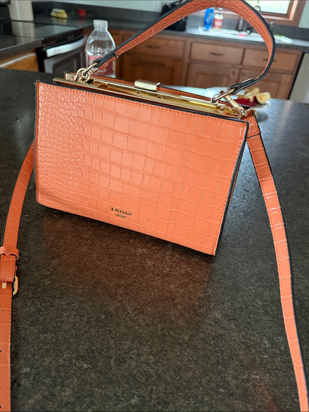 Croc-Embossed Orange Top-Handle Crossbody Bag